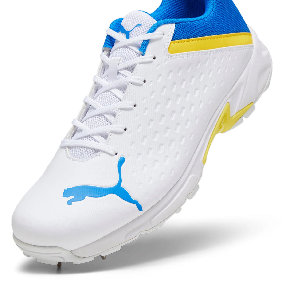 Puma Spike 22.2 White Yellow Blaze - Blue Cricket Spikes – Cricket ...